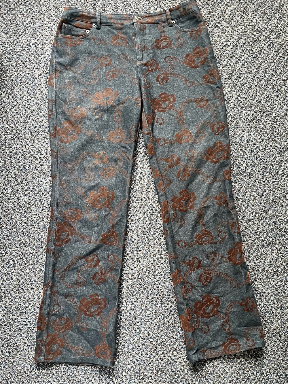 Straight Leg Women's Jeans in Black with Brown Floral Print